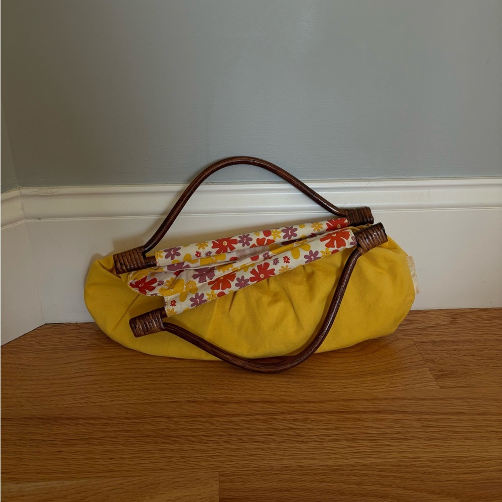 2000s girly yellow purse with wooden handles